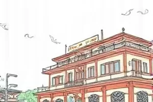 《视差旅人》封面：旅人站在两列柱廊之间，左右两侧景深错位